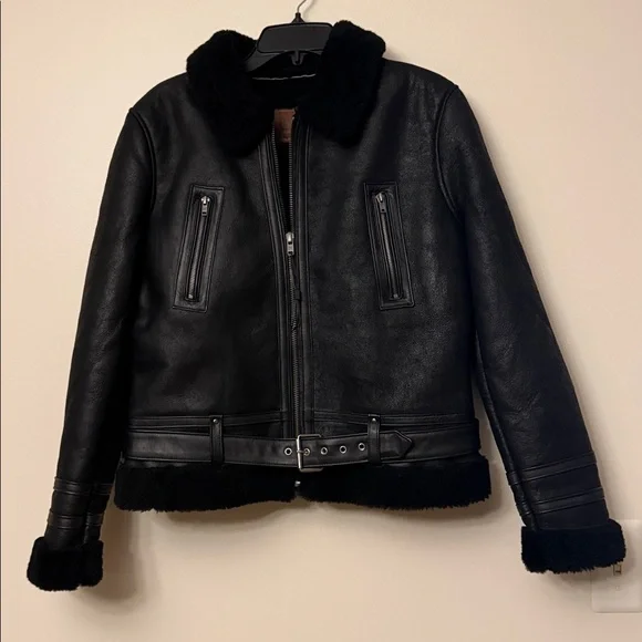 Frye Black Leather Jacket with genuine shearling trim - Picture 7 of 9